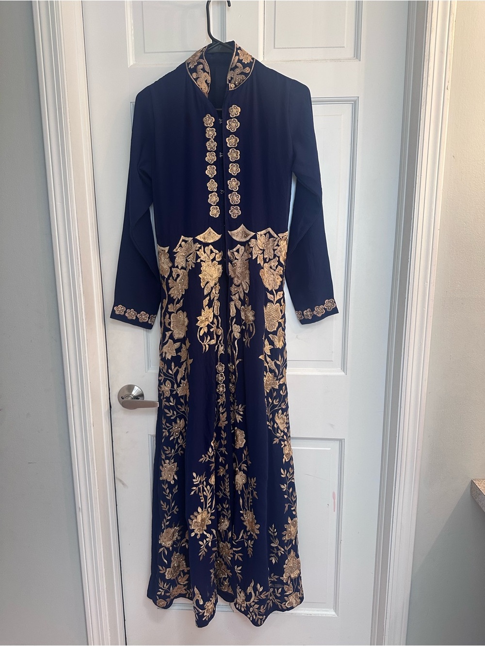 Navy Maxi Indian Dress with Gold Floral Embroidery